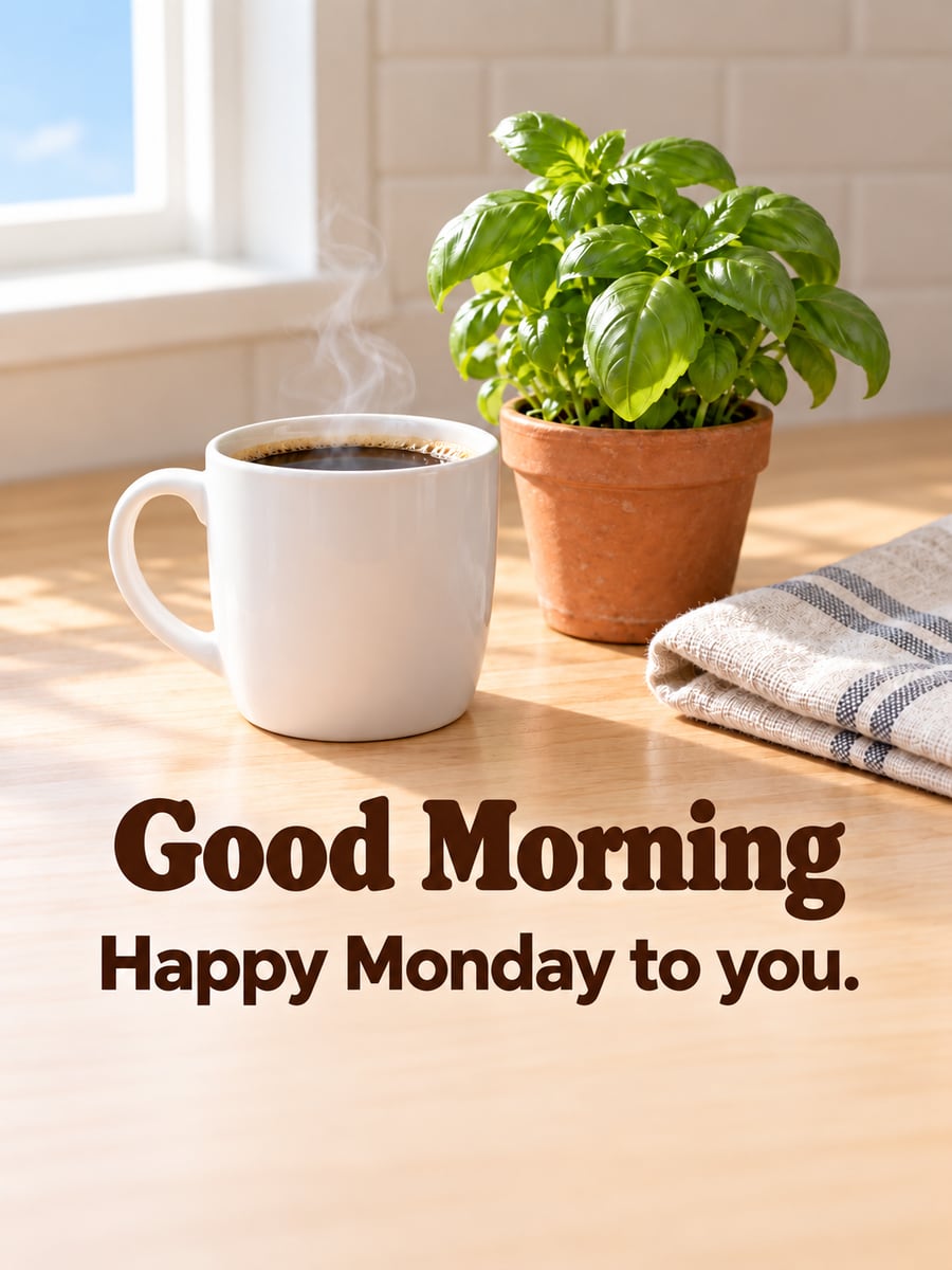 Happy Monday greeting image: plain white mug of coffee next to a small pot of basil. It says “Good Morning” and “Happy Monday to you.”