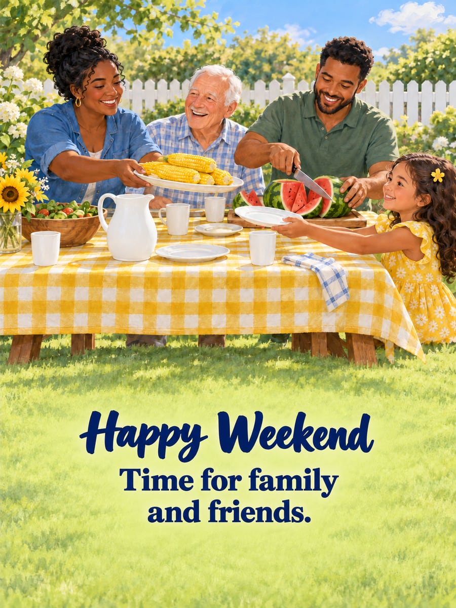 Happy Saturday greeting image: backyard picnic of family and friends with different skin tones. It says “Happy Weekend” and “Time for family and friends.”