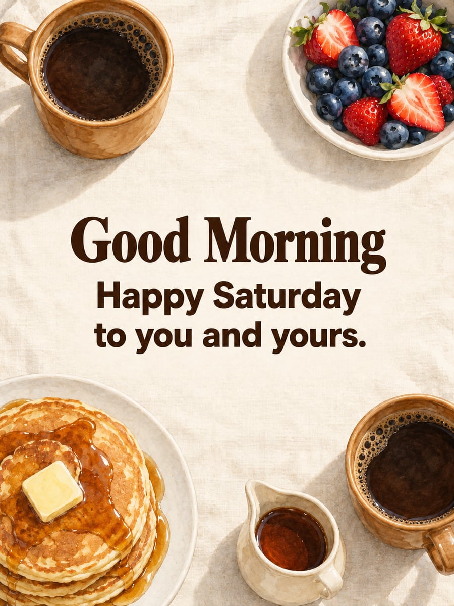 Happy Saturday greeting image: breakfast table set for two with pancakes, berries and two mugs. It says “Good Morning” and “Happy Saturday to you and yours.”