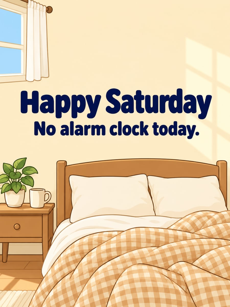 Happy Saturday greeting image: sunny cartoon bedroom with tossed-aside covers. It says “Happy Saturday” and “No alarm clock today.”