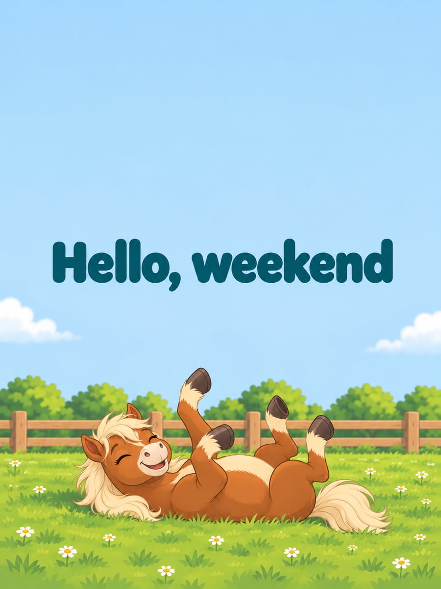 Happy Saturday greeting image: cartoon chestnut pony rolling happily in a meadow. It says “Hello, weekend”