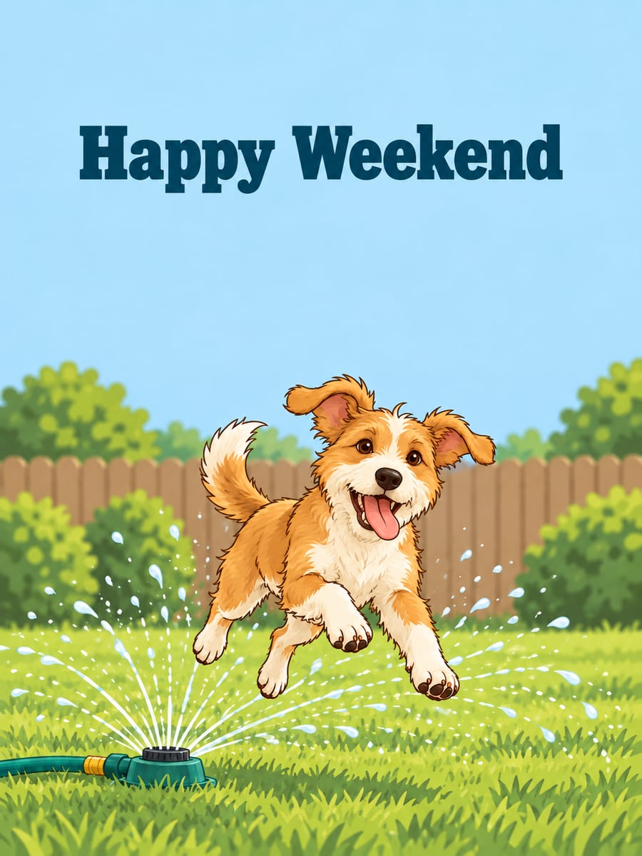 Happy Saturday greeting image: cartoon mixed-breed dog bounding through a lawn sprinkler. It says “Happy Weekend”