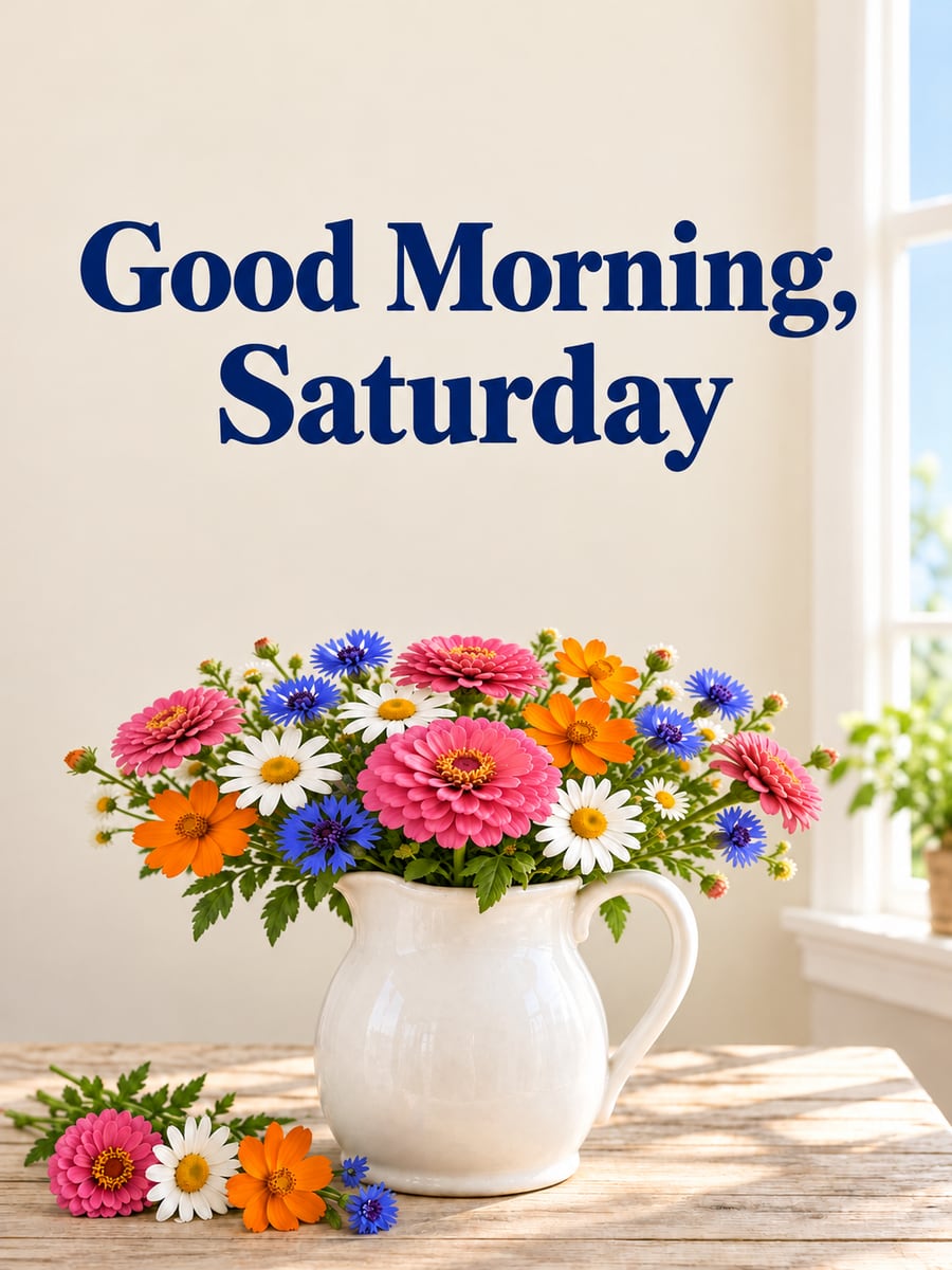 Happy Saturday greeting image: white ironstone pitcher full of garden flowers on a farmhouse table. It says “Good Morning, Saturday”