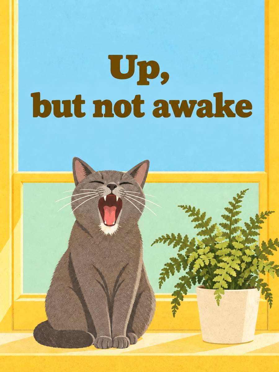 Happy Saturday greeting image: gray cat in a huge yawn on a sunny windowsill. It says “Up, but not awake”