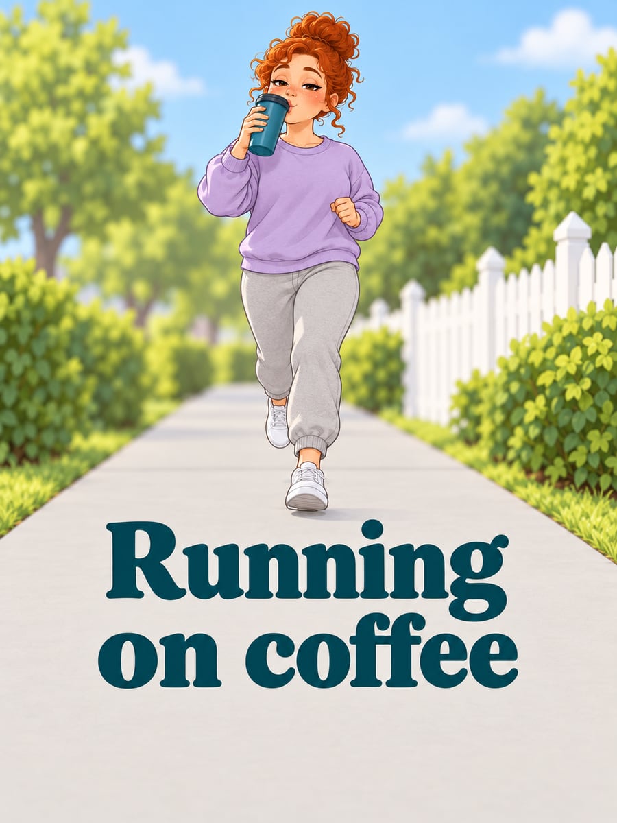 Happy Saturday greeting image: cartoon woman with curly red hair jogging and sipping from a travel mug. It says “Running on coffee”