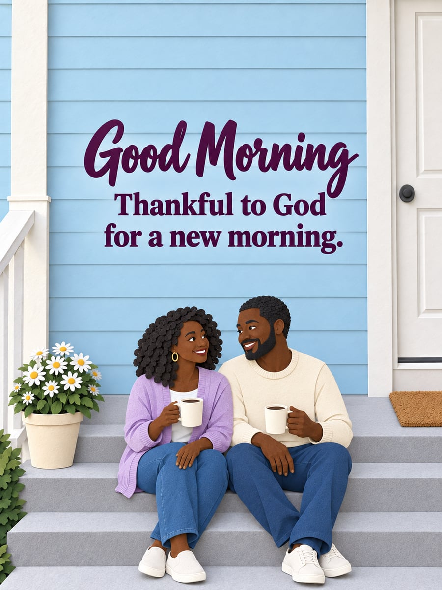 Happy Saturday greeting image: Black couple on their front steps with plain mugs of coffee. It says “Good Morning” and “Thankful to God for a new morning.”