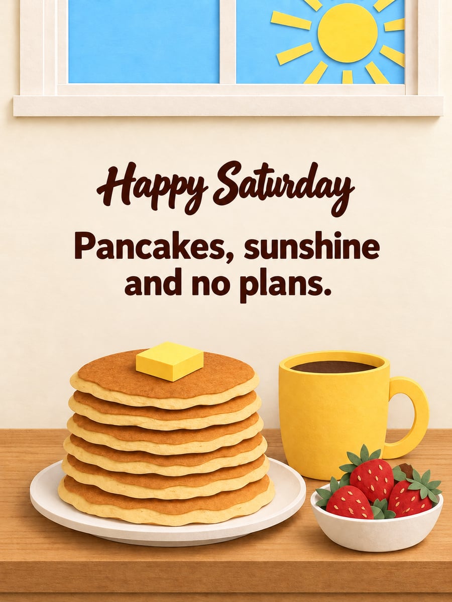 Happy Saturday greeting image: paper-cut stack of pancakes with butter, a yellow mug and a sunny window. It says “Happy Saturday” and “Pancakes, sunshine and no plans.”