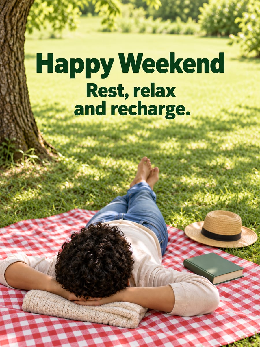 Happy Saturday greeting image: adult seen from behind resting on a gingham picnic blanket with a closed book. It says “Happy Weekend” and “Rest, relax and recharge.”