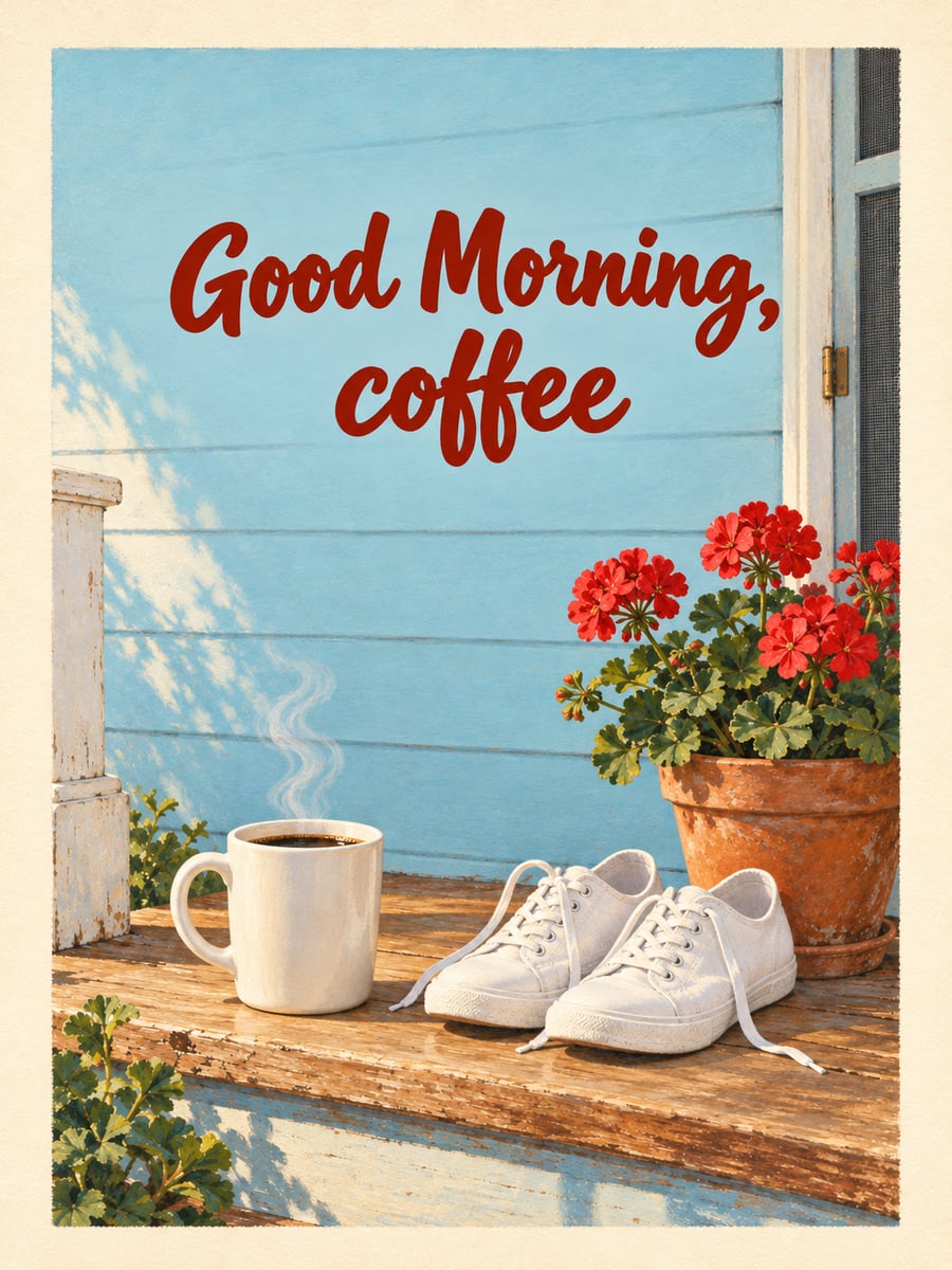 Happy Saturday greeting image: plain mug of coffee and a pair of canvas sneakers on a porch step. It says “Good Morning, coffee”