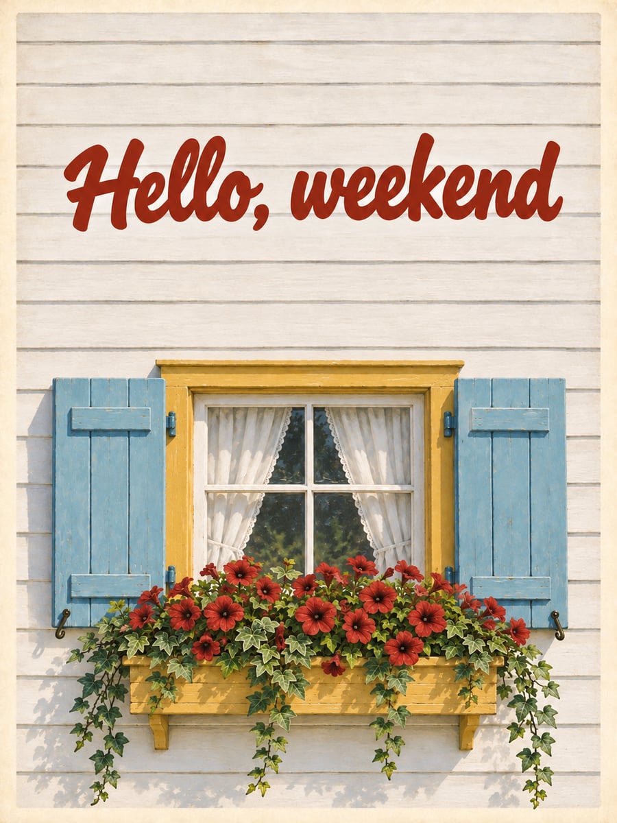 Happy Saturday greeting image: farmhouse window with a window box of red petunias. It says “Hello, weekend”