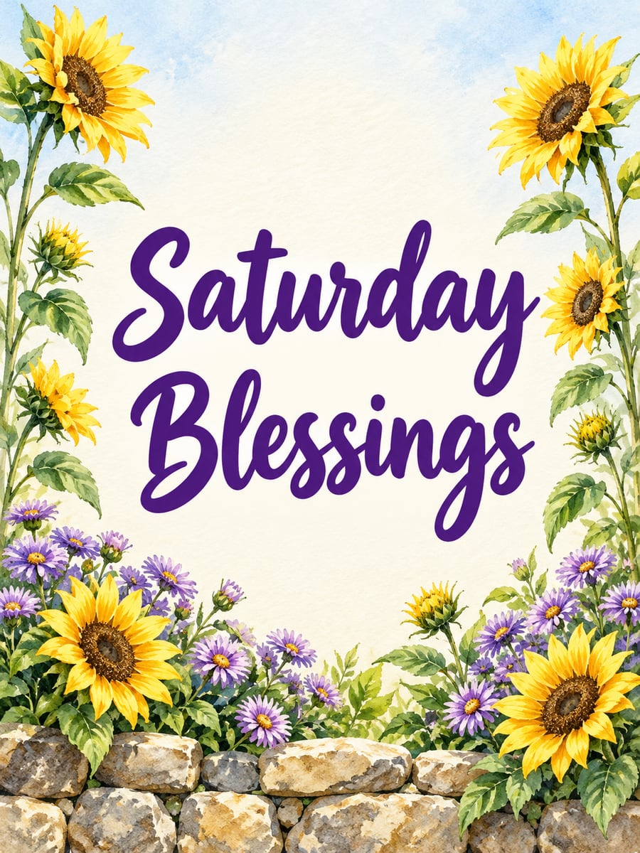 Happy Saturday greeting image: purple asters and yellow sunflowers over a sunlit fieldstone wall. It says “Saturday Blessings”