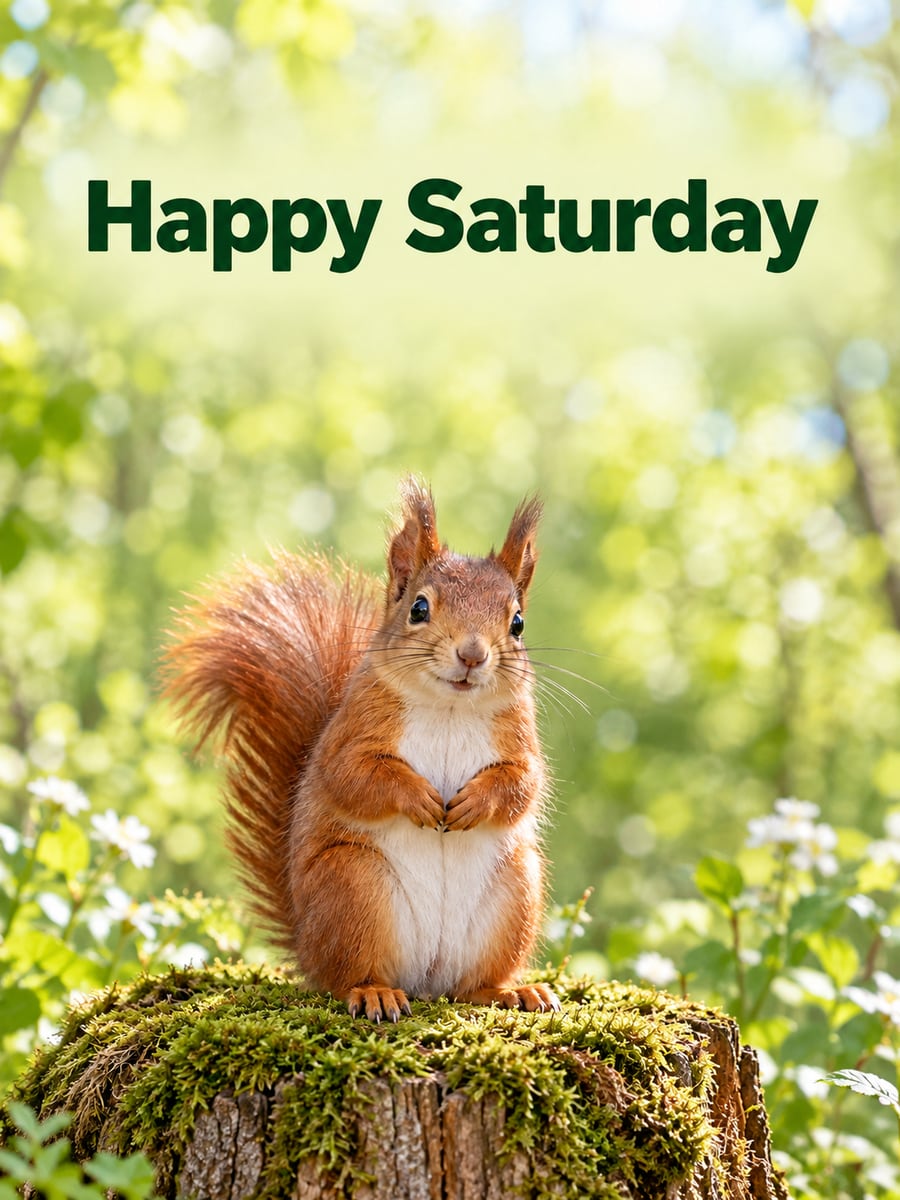 Happy Saturday greeting image: red squirrel sitting upright on a mossy stump. It says “Happy Saturday”