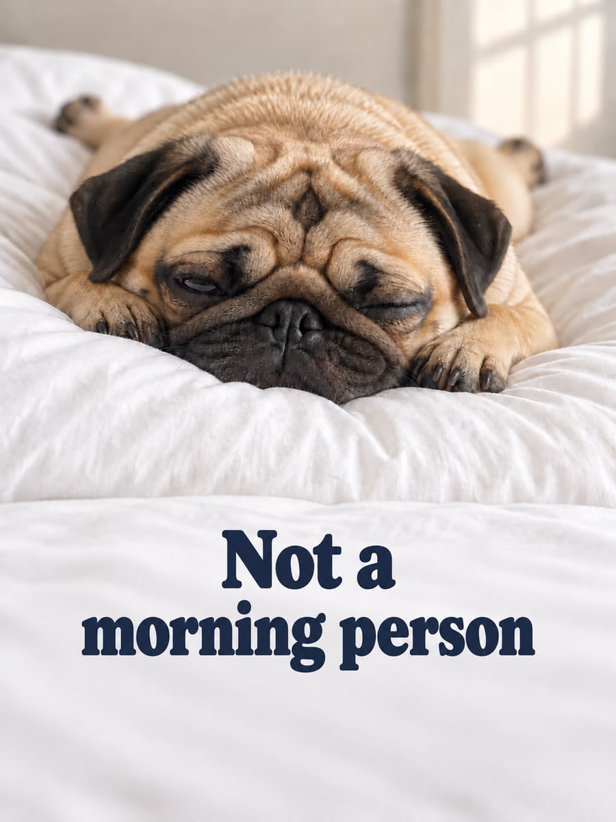 Happy Saturday greeting image: sleepy fawn pug with its face squished into a pillow. It says “Not a morning person”