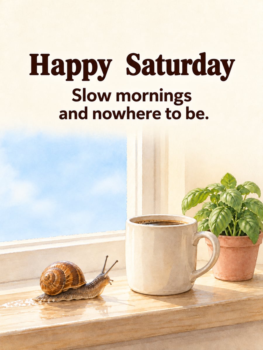 Happy Saturday greeting image: garden snail beside a plain cream mug of coffee on a windowsill. It says “Happy Saturday” and “Slow mornings and nowhere to be.”
