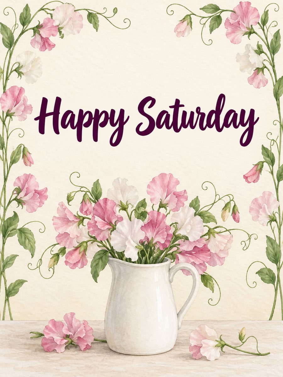 Happy Saturday greeting image: pink and white sweet peas in a plain milk jug with climbing tendrils. It says “Happy Saturday”
