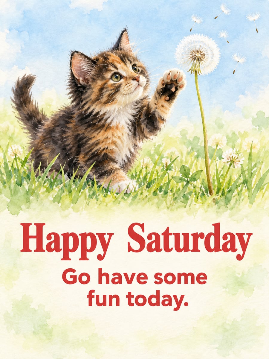 Happy Saturday greeting image: tortoiseshell kitten reaching for a dandelion puff. It says “Happy Saturday” and “Go have some fun today.”