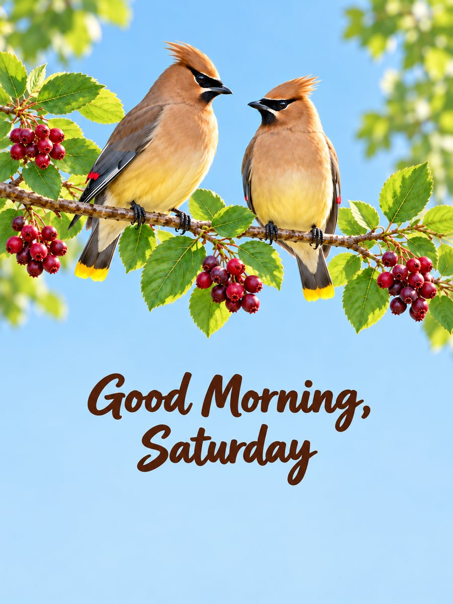 Happy Saturday greeting image: two cedar waxwings on a leafy serviceberry branch with red berries. It says “Good Morning, Saturday”