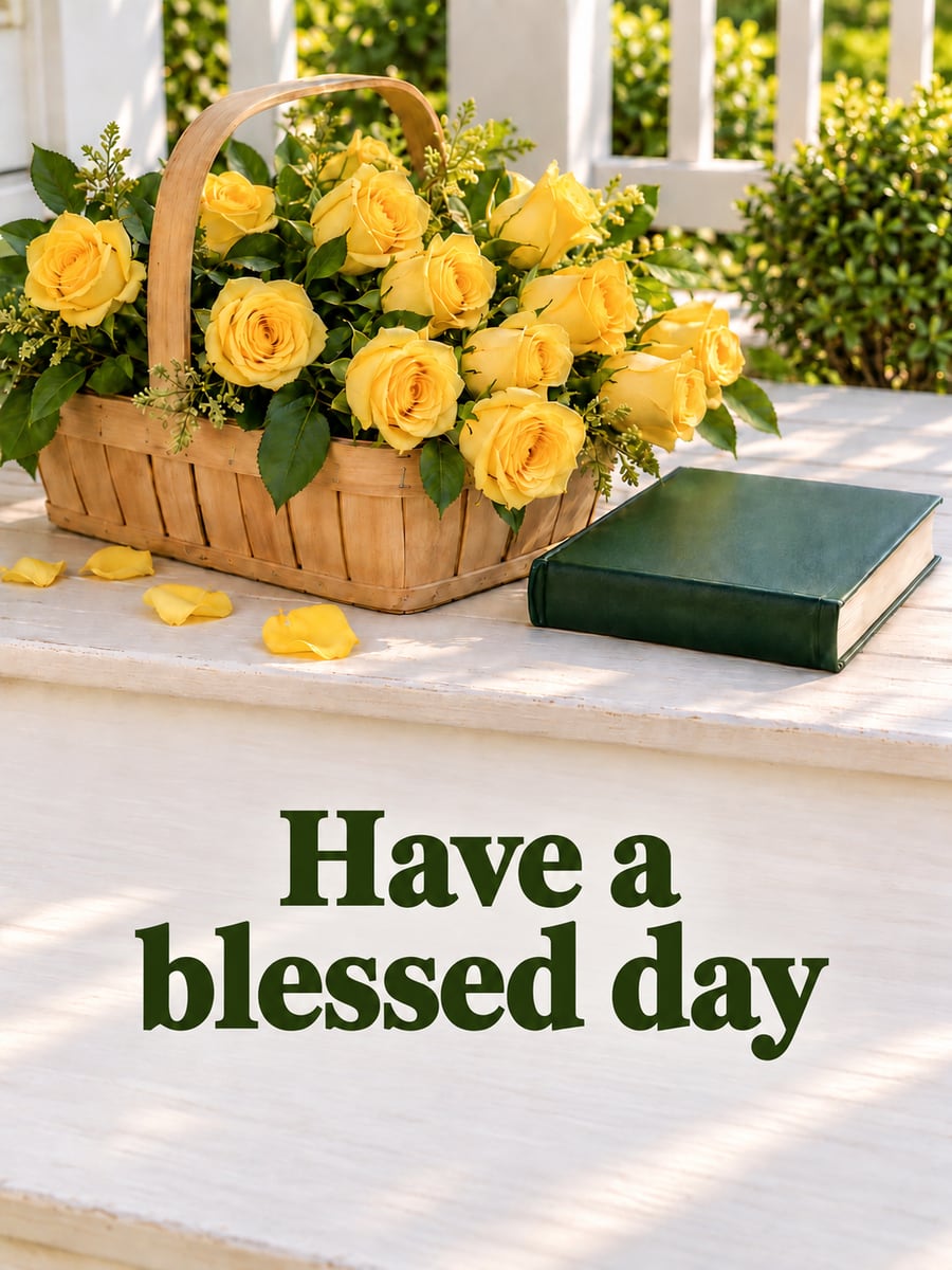 Happy Saturday greeting image: shallow wooden basket of yellow roses and a closed plain Bible on a porch step. It says “Have a blessed day”
