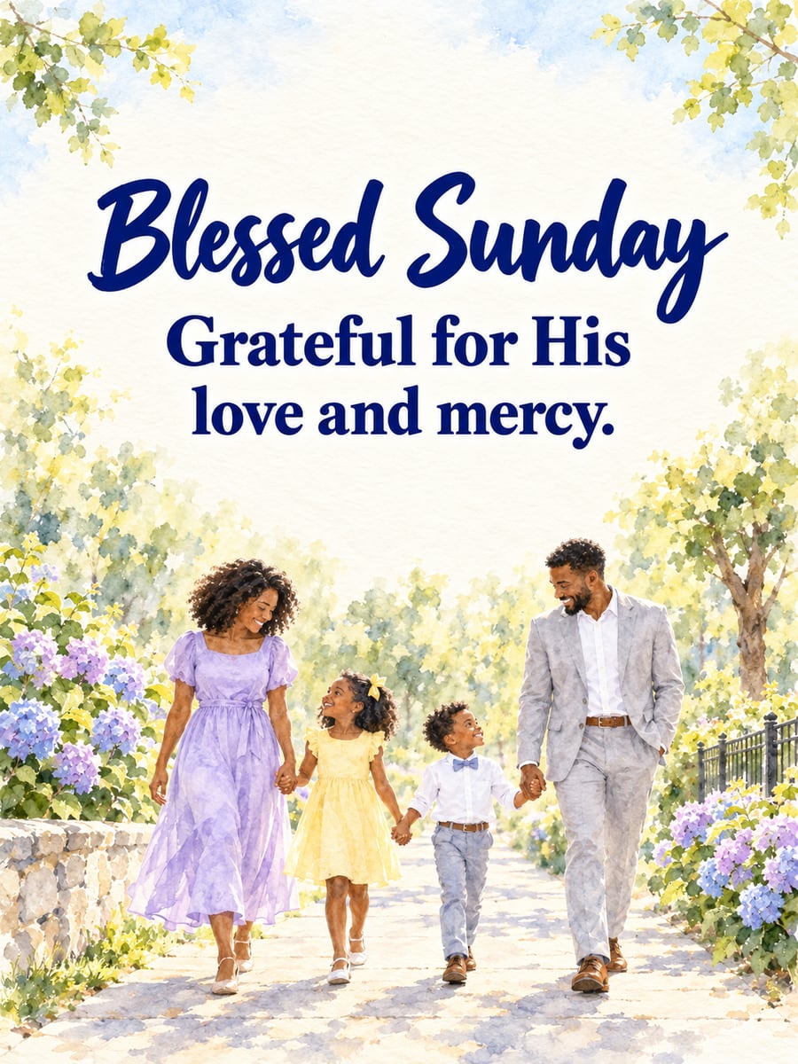 Happy Sunday greeting image: Black family of four walking hand in hand along a sunny sidewalk. It says “Blessed Sunday” and “Grateful for His love and mercy.”
