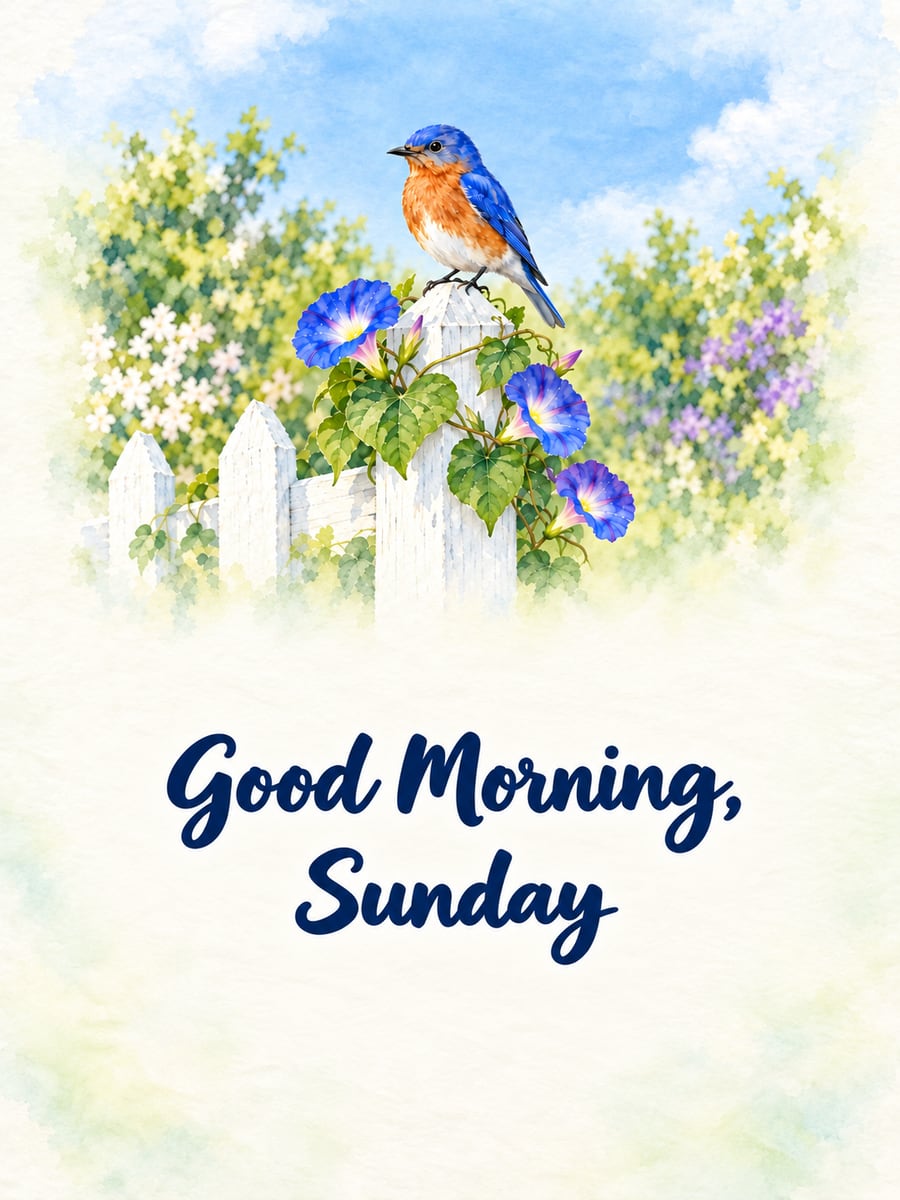 Happy Sunday greeting image: eastern bluebird on a white fence post wrapped in morning glories. It says “Good Morning, Sunday”