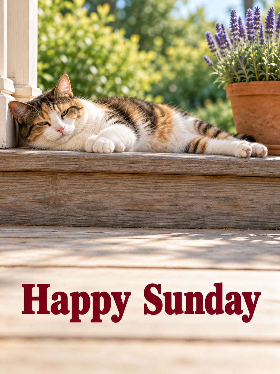 Happy Sunday greeting image: calico cat sunbathing on a porch step. It says “Happy Sunday”