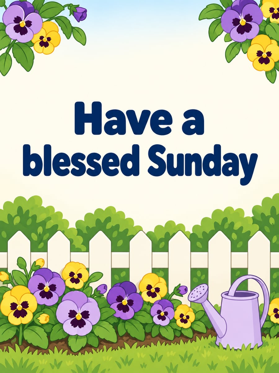 Happy Sunday greeting image: cartoon garden corner with a picket fence, pansies and a watering can. It says “Have a blessed Sunday”