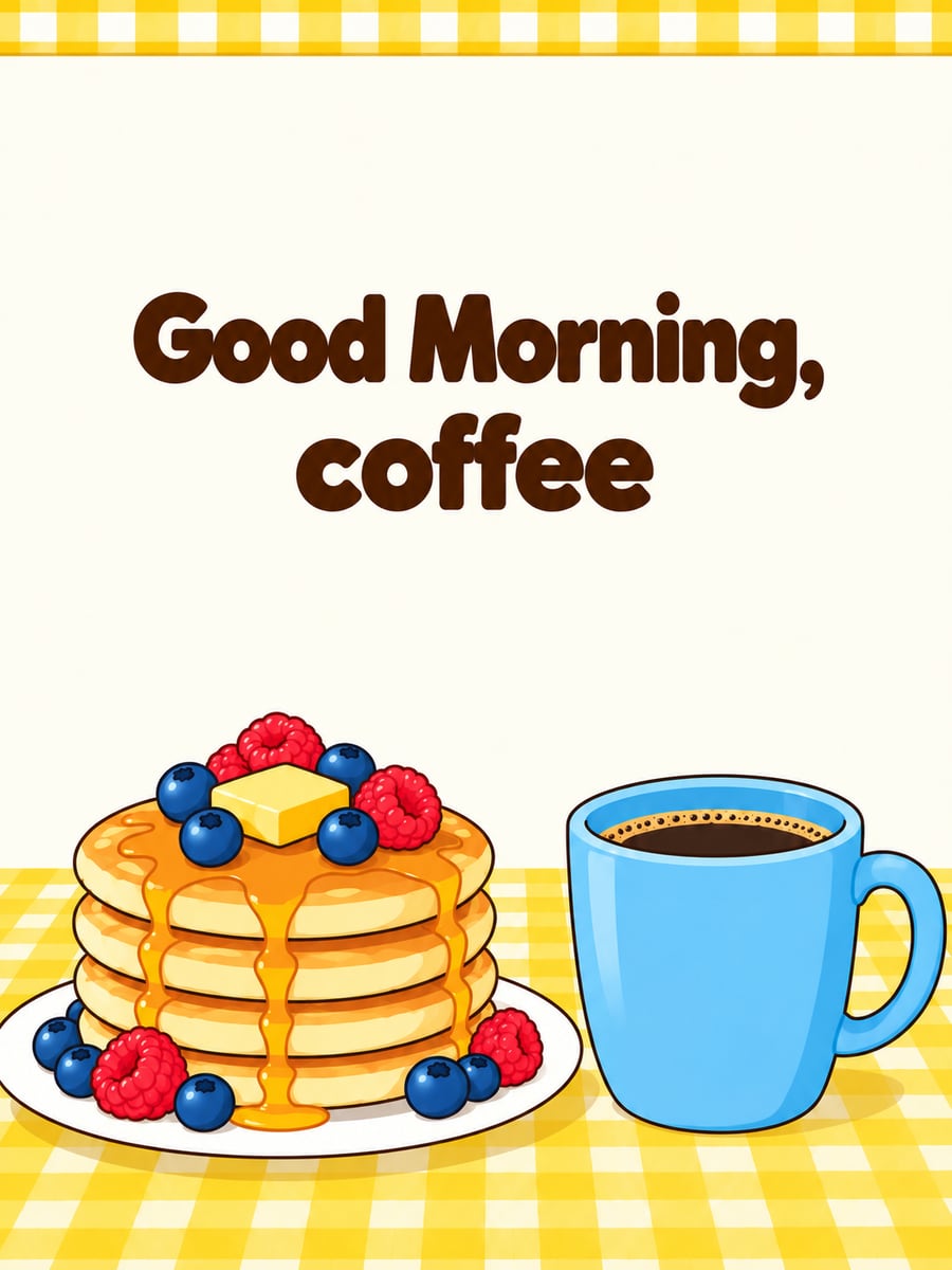 Happy Sunday greeting image: cartoon stack of pancakes with butter and berries beside a big mug of coffee. It says “Good Morning, coffee”