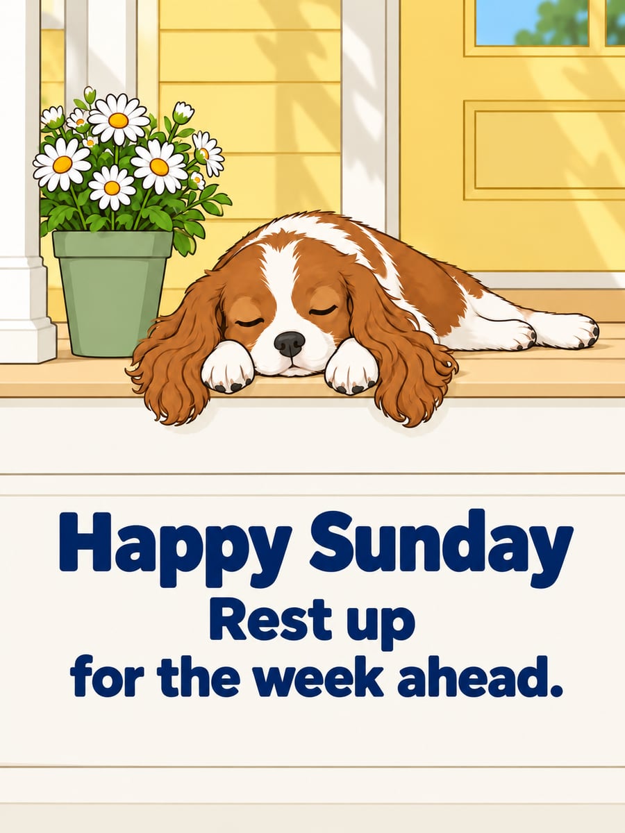 Happy Sunday greeting image: sleepy spaniel puppy stretched out on a sunny porch step. It says “Happy Sunday” and “Rest up for the week ahead.”