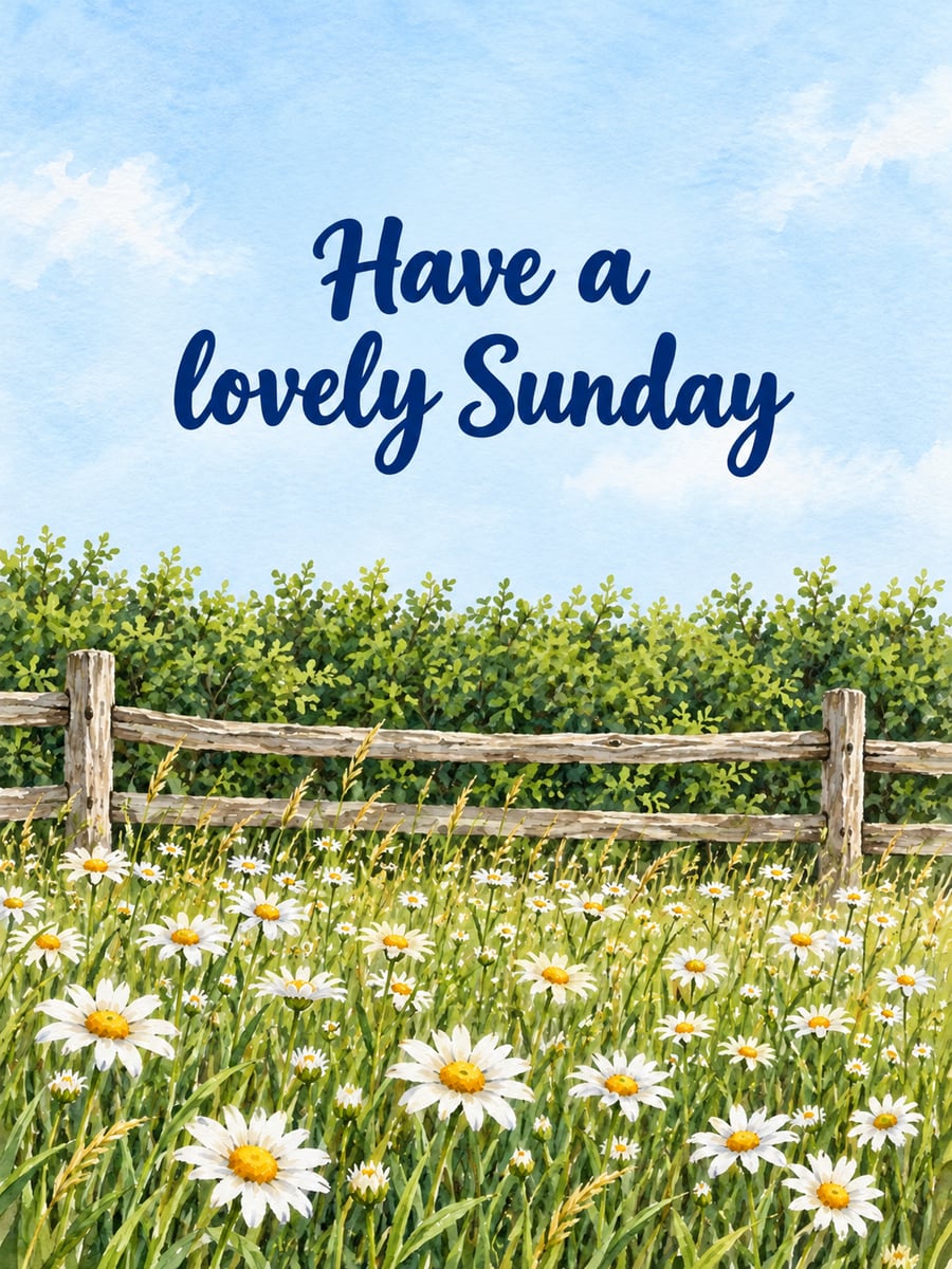 Happy Sunday greeting image: daisy meadow by a weathered split-rail fence. It says “Have a lovely Sunday”