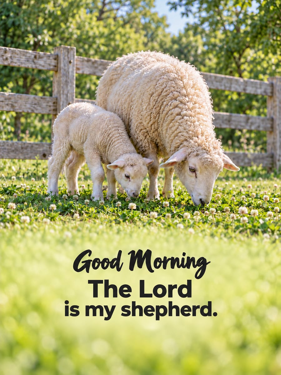 Happy Sunday greeting image: ewe and her lamb in a sunny green pasture by a wooden fence. It says “Good Morning” and “The Lord is my shepherd.”