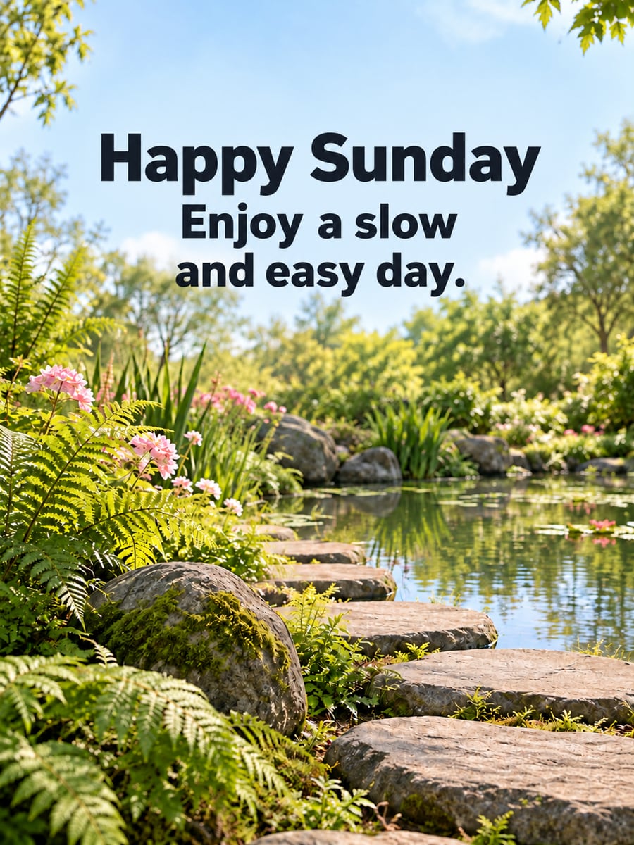 Happy Sunday greeting image: edge of a garden pond with ferns, mossy rocks and stepping stones. It says “Happy Sunday” and “Enjoy a slow and easy day.”
