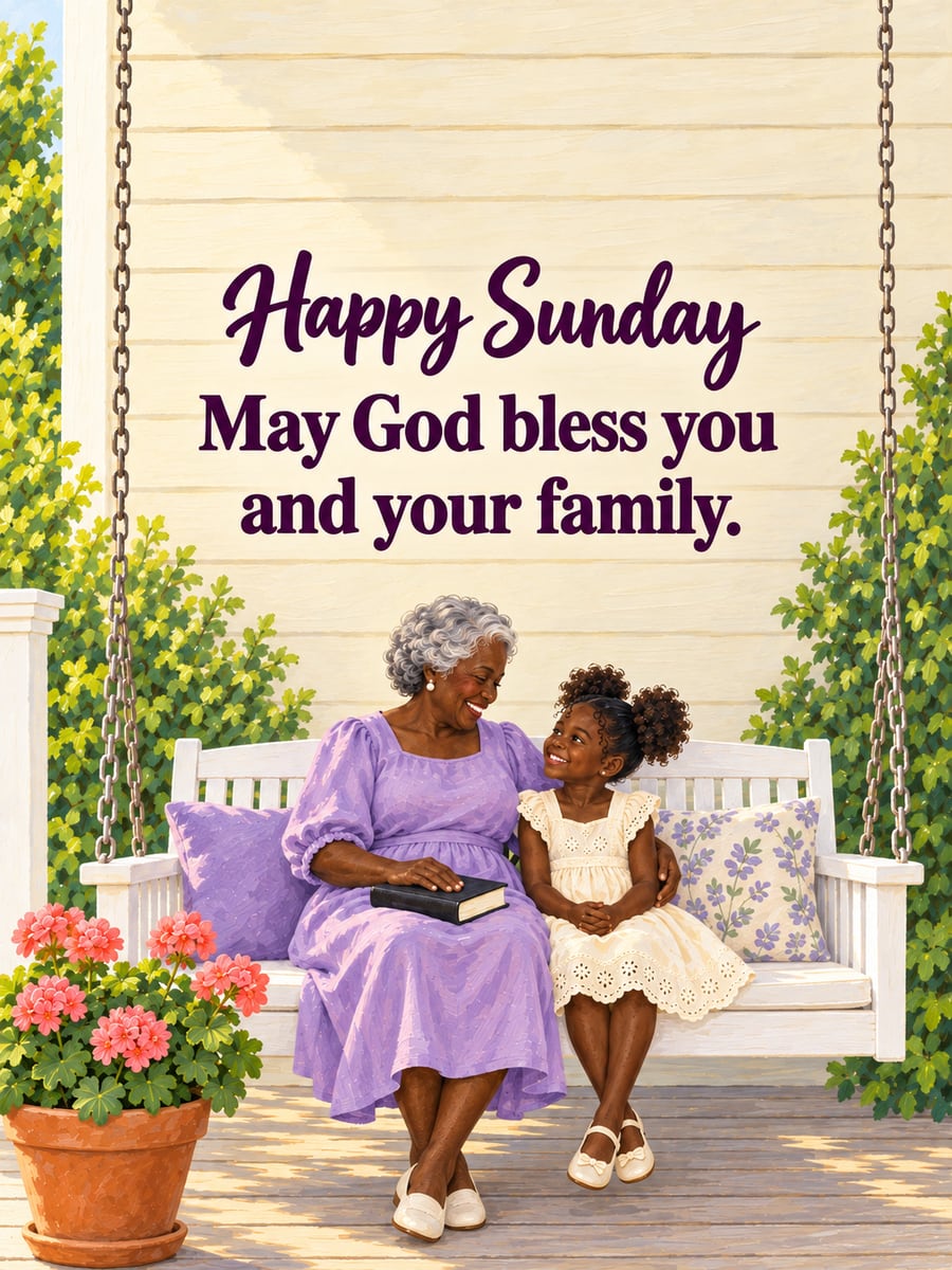 Happy Sunday greeting image: Black grandmother and her granddaughter on a white porch swing with a closed plain Bible. It says “Happy Sunday” and “May God bless you and your family.”