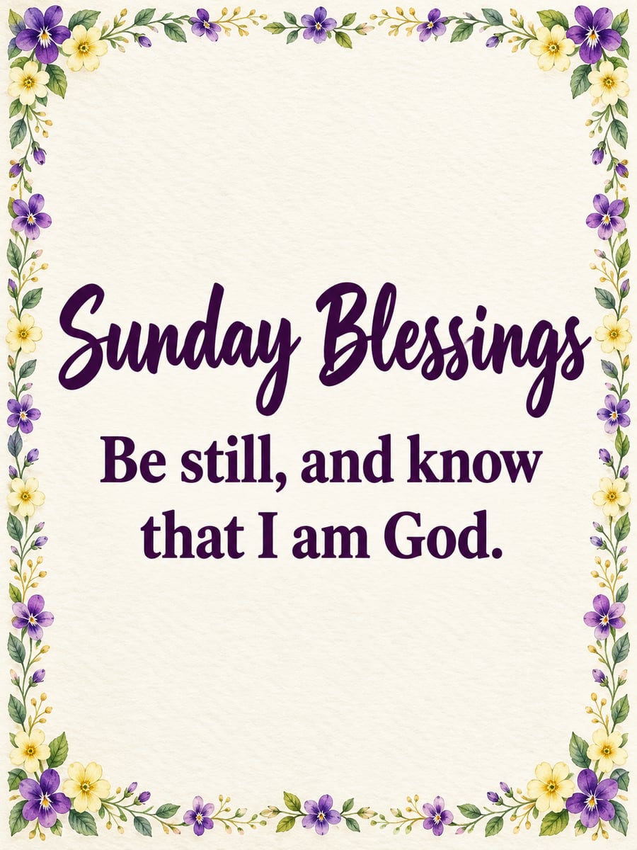 Happy Sunday greeting image: ivory paper card edged by a slim edging of small violets and primroses. It says “Sunday Blessings” and “Be still, and know that I am God.”