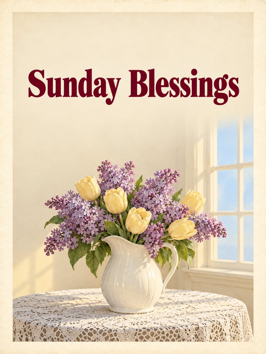 Happy Sunday greeting image: purple lilacs and yellow tulips in a white pitcher on a lace-covered table. It says “Sunday Blessings”