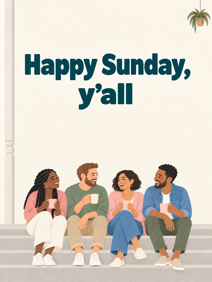 Happy Sunday greeting image: four friends with different skin tones sharing coffee on wide porch steps. It says “Happy Sunday, y’all”
