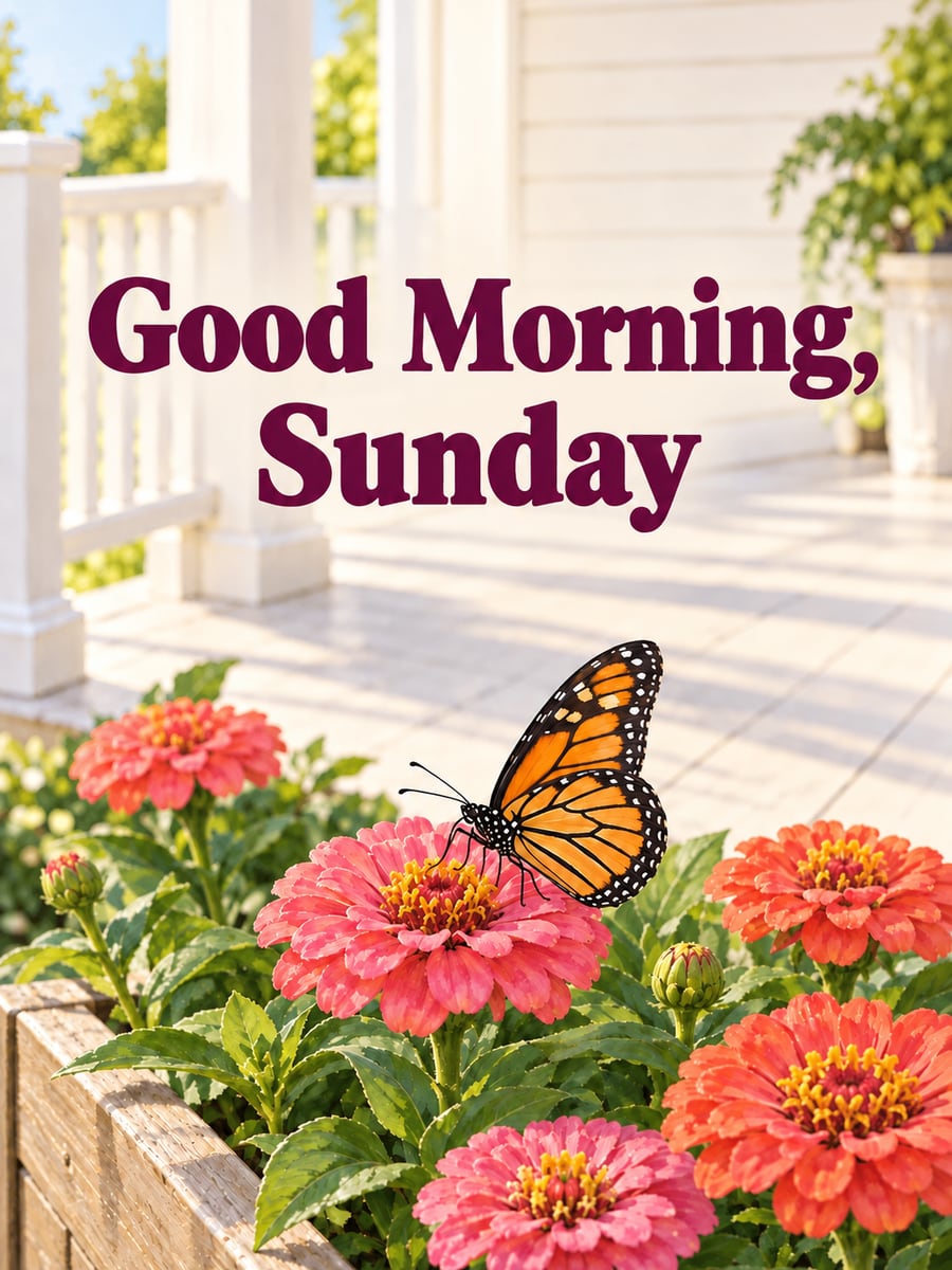 Happy Sunday greeting image: monarch butterfly with open wings on a pink zinnia in a porch planter. It says “Good Morning, Sunday”