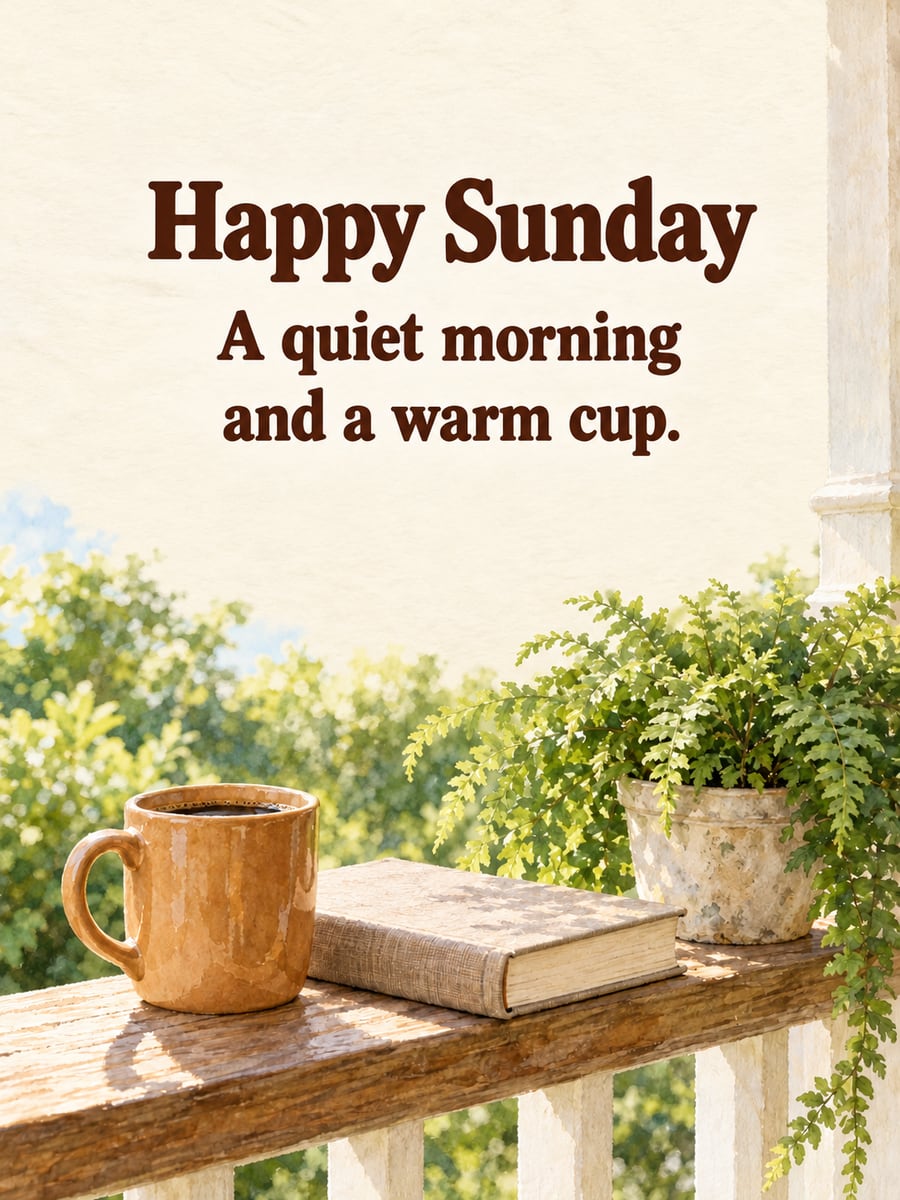 Happy Sunday greeting image: mug of coffee and a closed book on a porch rail beside a potted fern. It says “Happy Sunday” and “A quiet morning and a warm cup.”