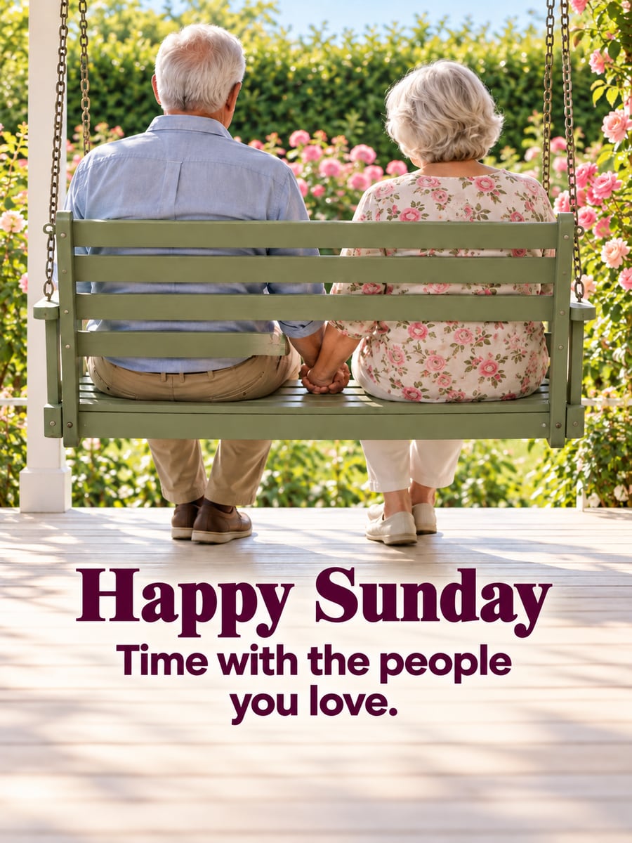 Happy Sunday greeting image: older couple seen from behind holding hands on a porch swing. It says “Happy Sunday” and “Time with the people you love.”
