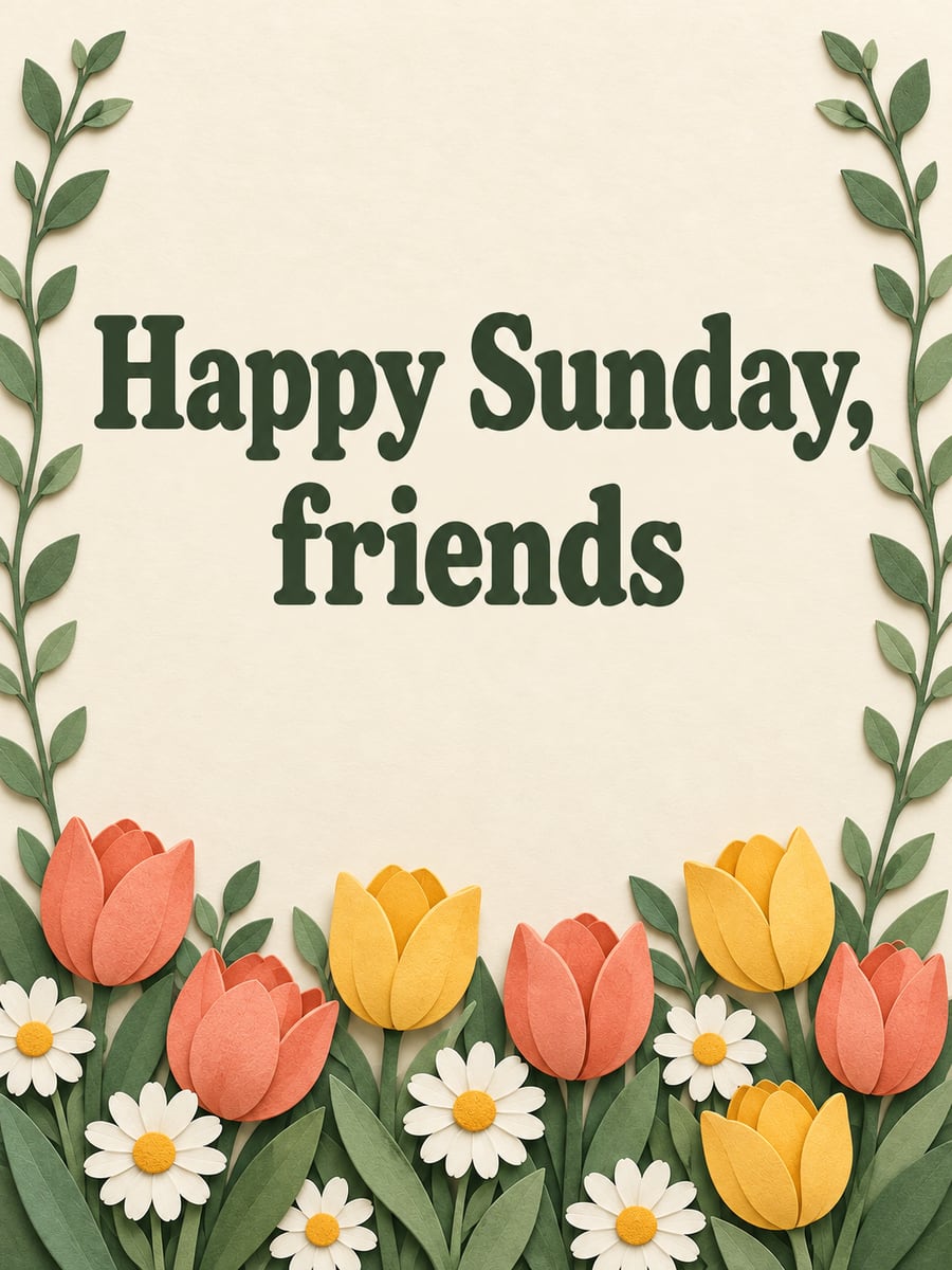 Happy Sunday greeting image: paper-cut border of tulips, daisies and vines around plain cream paper. It says “Happy Sunday, friends”