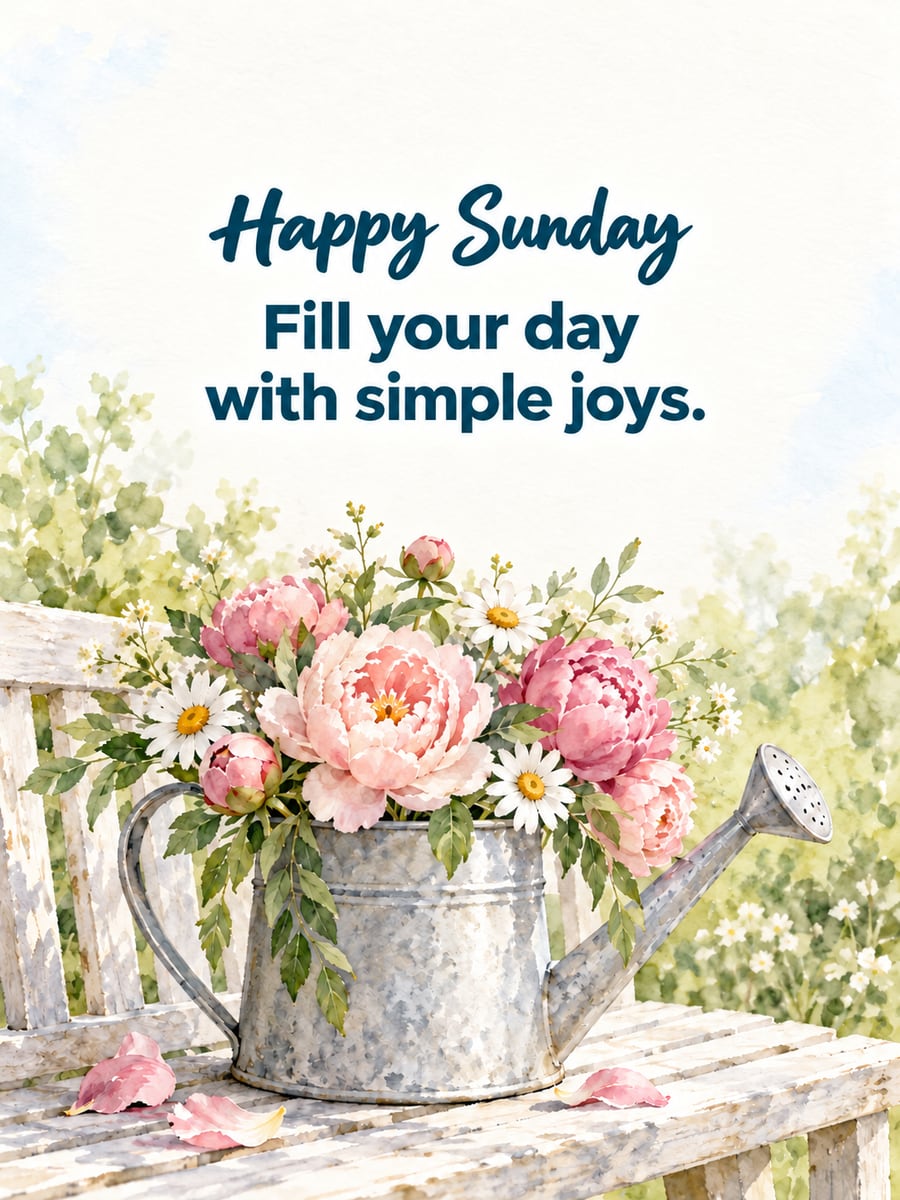 Happy Sunday greeting image: pink peonies and white daisies in a galvanized watering can on a garden bench. It says “Happy Sunday” and “Fill your day with simple joys.”