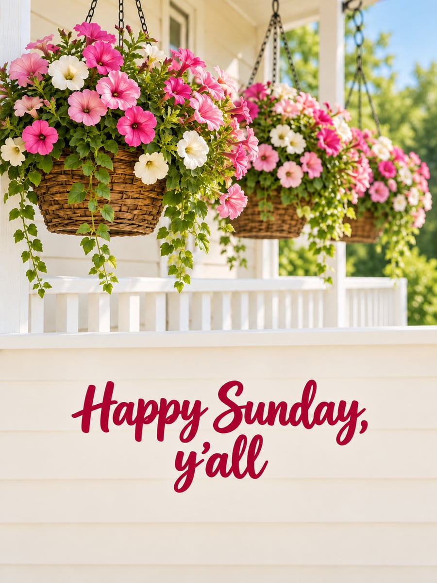 Happy Sunday greeting image: hanging baskets of pink petunias along a white porch rail. It says “Happy Sunday, y’all”
