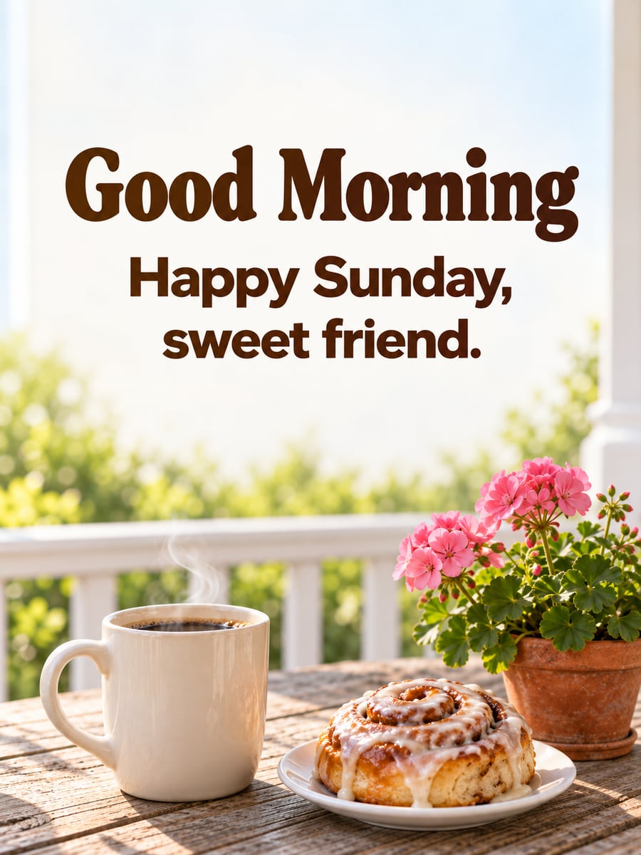Happy Sunday greeting image: plain cream mug of coffee and a cinnamon roll on a porch table. It says “Good Morning” and “Happy Sunday, sweet friend.”