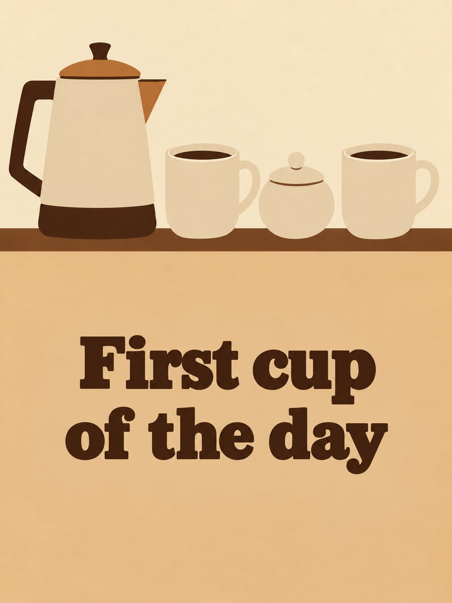 Happy Sunday greeting image: retro coffee percolator and two plain mugs on a shelf. It says “First cup of the day”
