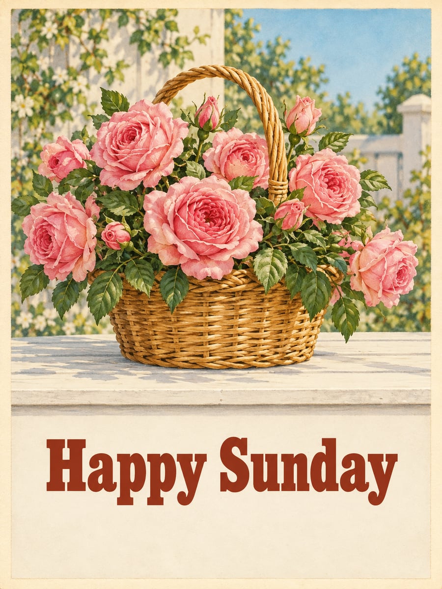 Happy Sunday greeting image: willow basket of pink roses on a white garden table. It says “Happy Sunday”