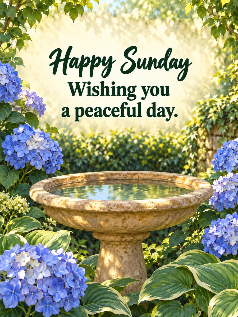 Happy Sunday greeting image: stone birdbath among blue hydrangeas and hostas in a shady garden corner. It says “Happy Sunday” and “Wishing you a peaceful day.”