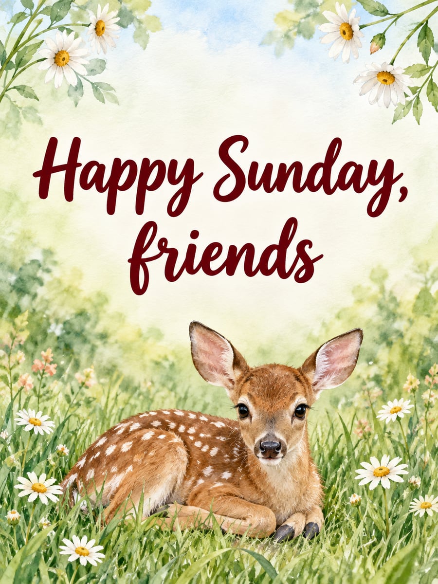 Happy Sunday greeting image: spotted fawn lying in tall grass among daisies. It says “Happy Sunday, friends”