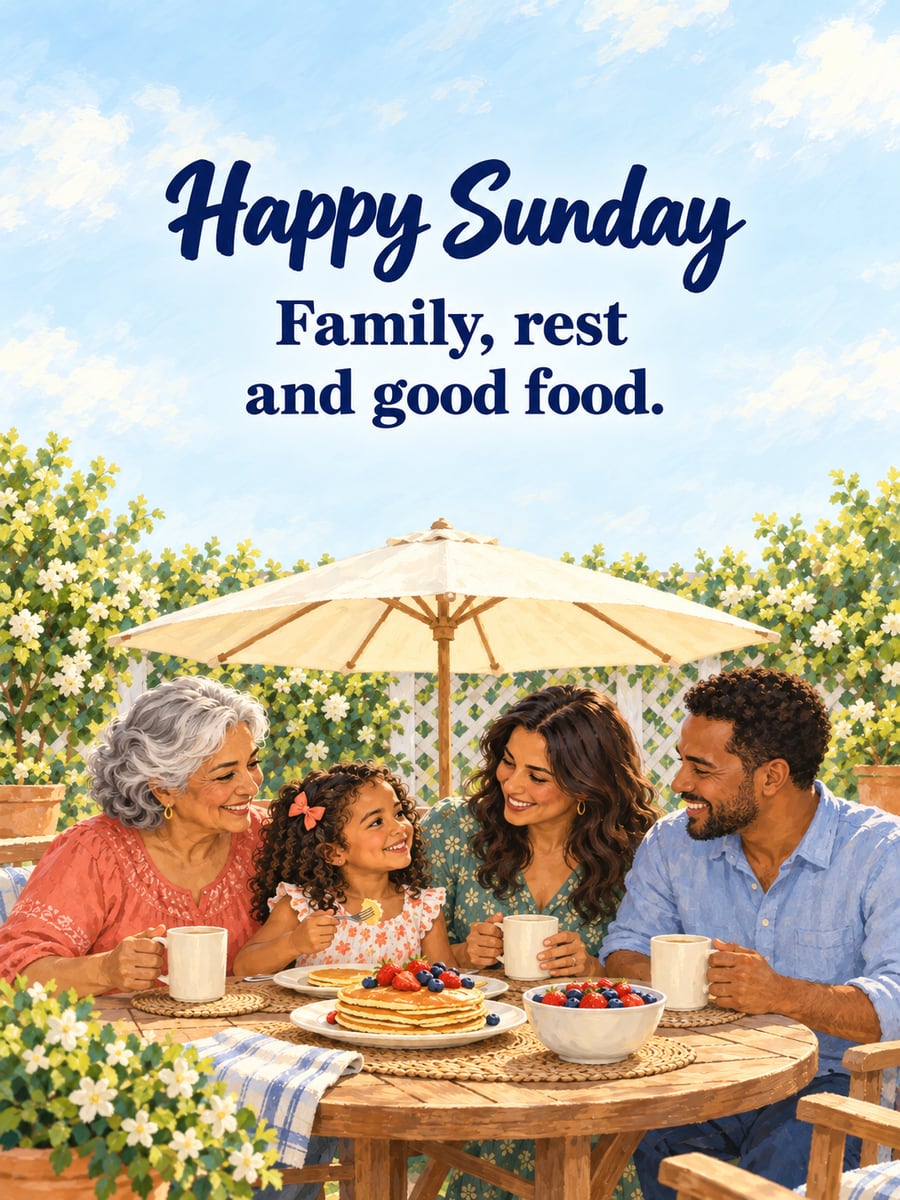 Happy Sunday greeting image: three generations of a family sharing pancakes at a small round patio table. It says “Happy Sunday” and “Family, rest and good food.”