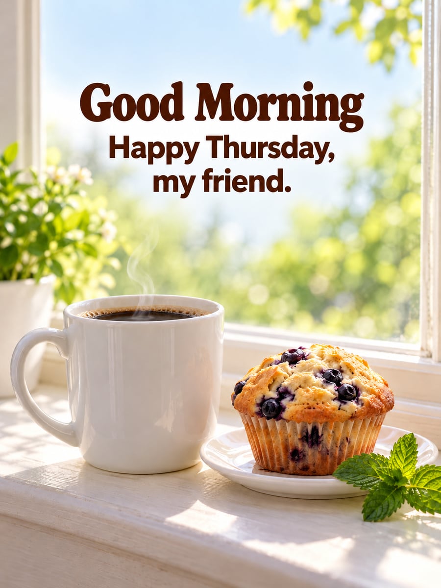 Happy Thursday greeting image: plain white mug of coffee and a blueberry muffin on a sunny windowsill. It says “Good Morning” and “Happy Thursday, my friend.”
