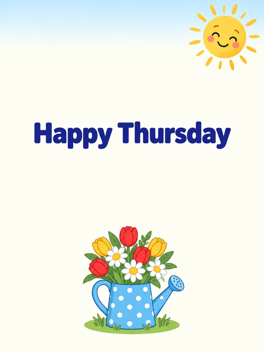 Happy Thursday greeting image: cartoon daisies and tulips in a polka-dot watering can. It says “Happy Thursday”