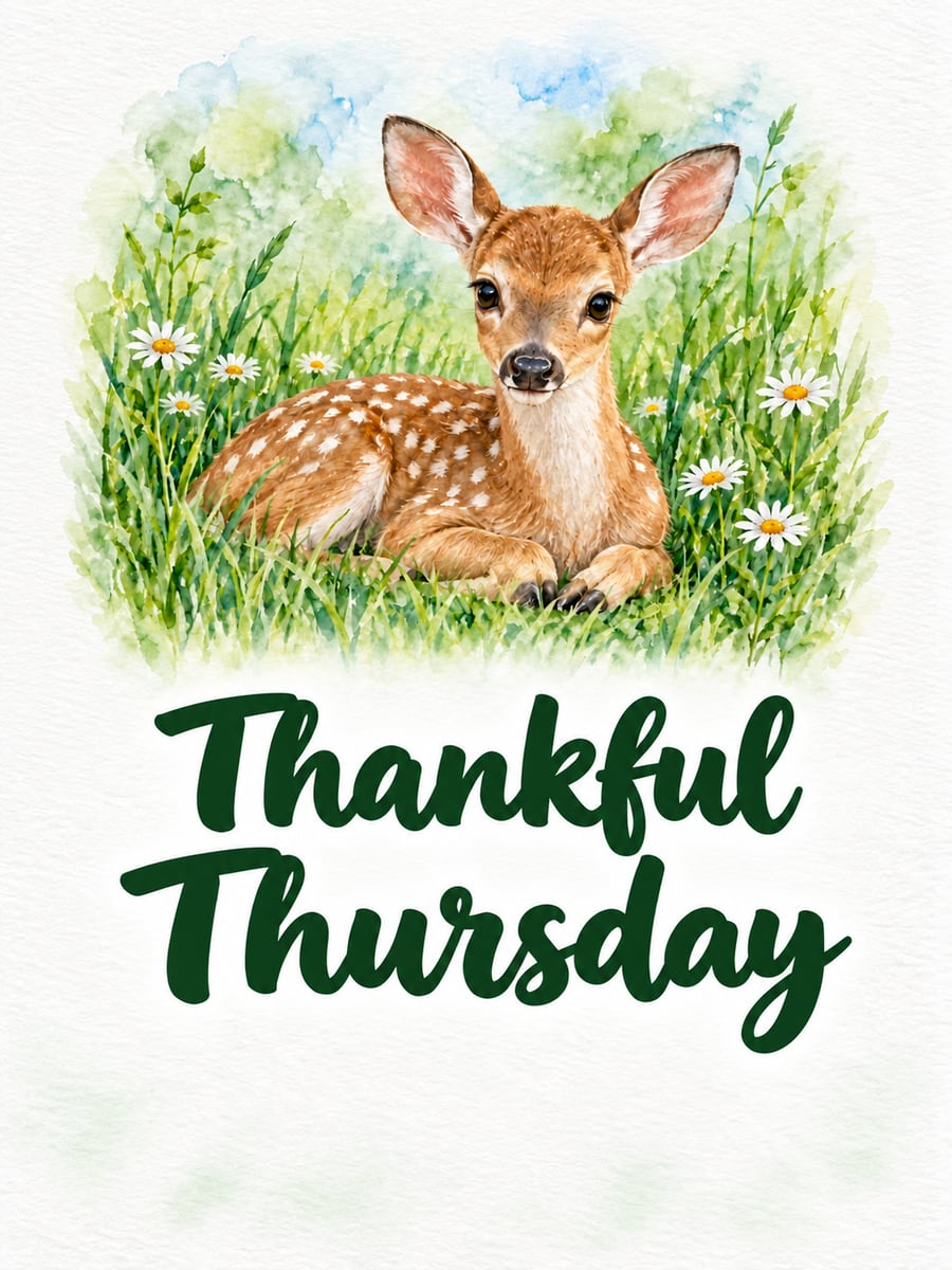 Happy Thursday greeting image: spotted fawn resting in tall grass with daisies. It says “Thankful Thursday”